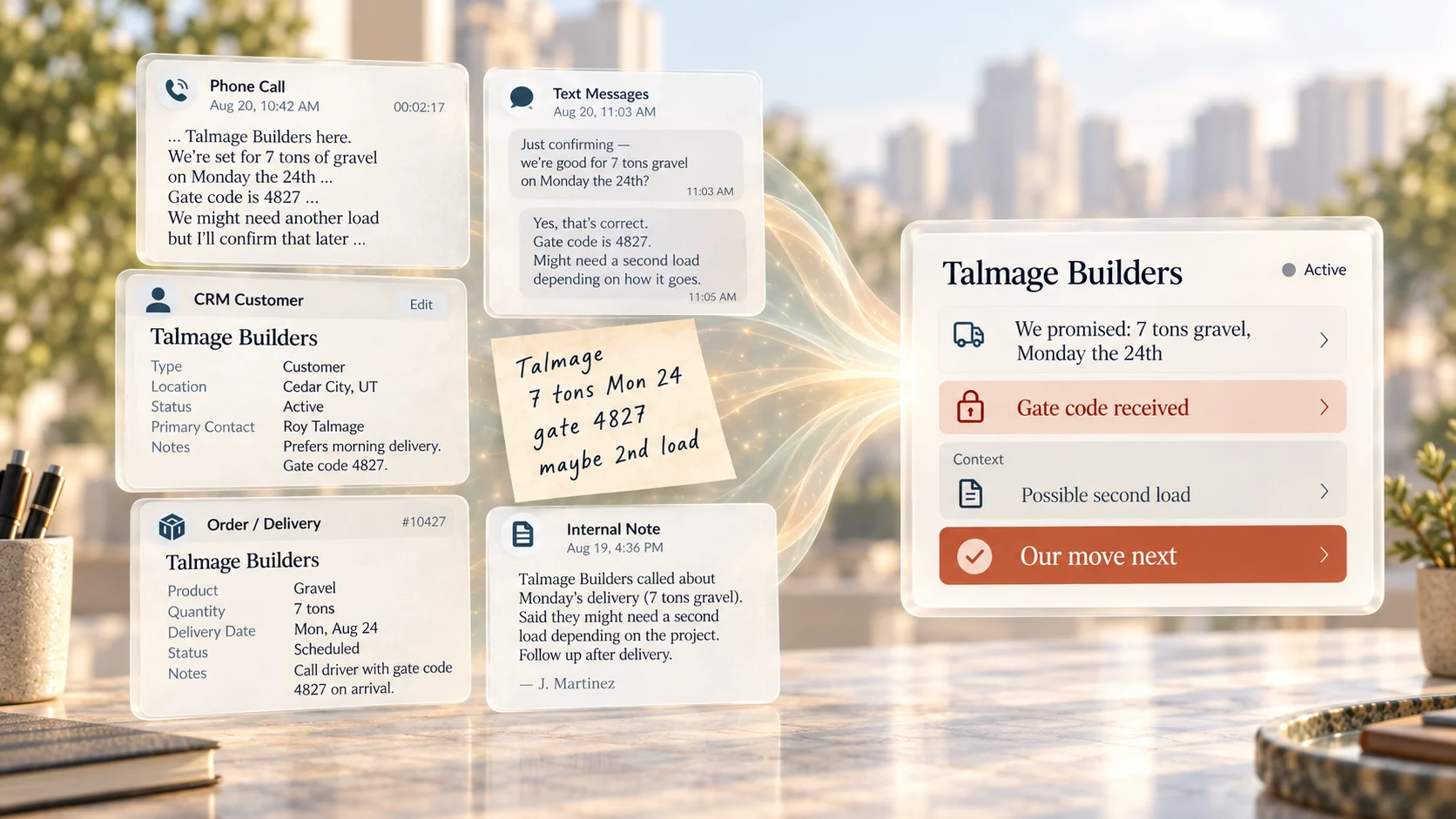 Illustration: a phone call, text messages, a CRM record, a sticky note, an order and an internal note about a Monday gravel delivery for Talmage Builders flow into one Current record: the promised delivery, gate code received, a possible second load kept as context, and our move next.
